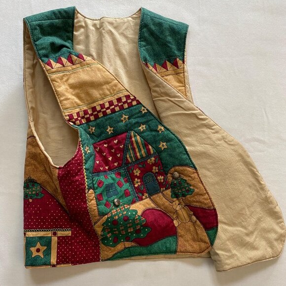 Grandmas Handmade Christmas Vest Quilted Patchwork Print Ladies Holiday Clothing - Picture 4 of 6